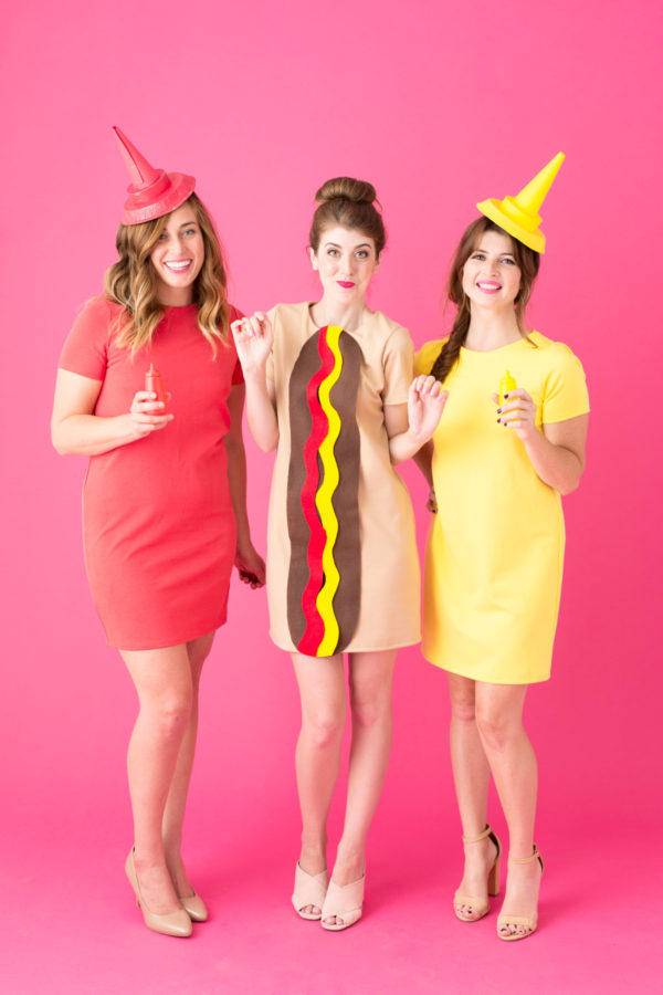 Fantasia de carnaval: trio hot dog, ketchup e mostarda