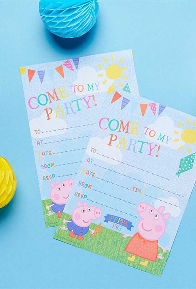 O que acha de preparar um convite simples, mas bem colorido com o tema Peppa Pig?